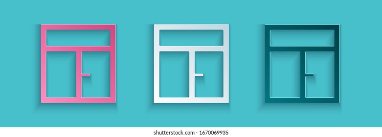 Paper cut Window in the room icon isolated on blue background. Paper art style. Vector Illustration