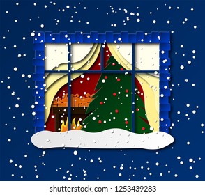 A paper cut window. View of a cozy room inside. Christmas tree, chest of drawers, gifts. Vector illustration