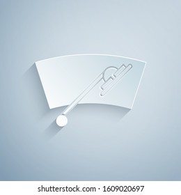 Paper cut Windscreen wiper icon isolated on grey background. Paper art style. Vector Illustration