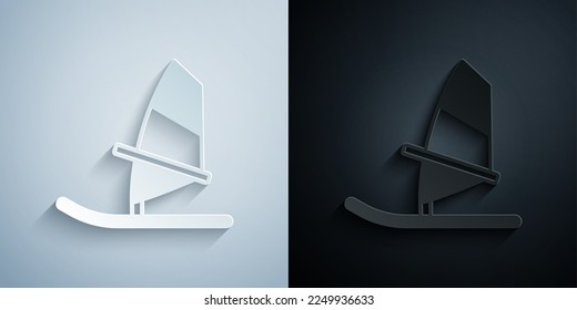 Paper cut Windsurfing icon isolated on grey and black background. Paper art style. Vector