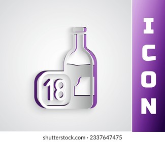 Paper cut Wine bottle icon isolated on grey background. Age limit for alcohol. Paper art style. Vector