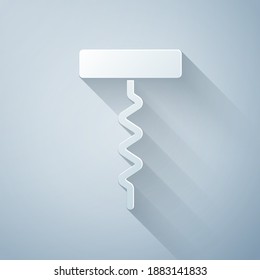 Paper cut Wine corkscrew icon isolated on grey background. Paper art style. Vector