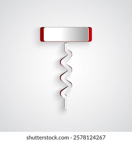 Paper cut Wine corkscrew icon isolated on grey background. Paper art style. Vector