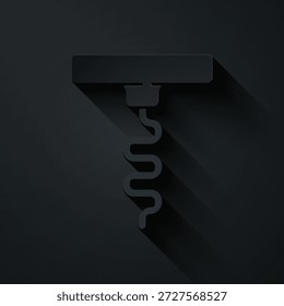 Icono de sacacorchos de vino aislado sobre fondo negro. Estilo de arte de papel. Vector