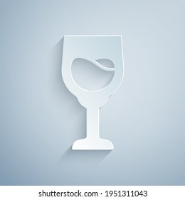 Paper cut Wine glass icon isolated on grey background. Wineglass sign. Paper art style. Vector