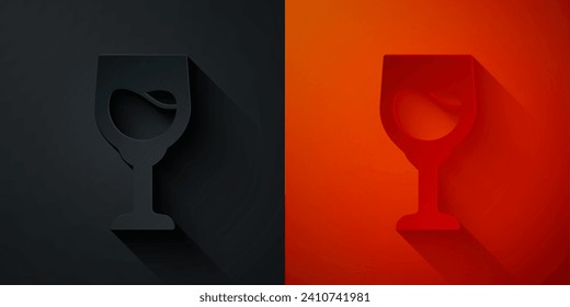 Paper cut Wine glass icon isolated on black and red background. Wineglass sign. Paper art style. Vector