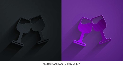 Paper cut Wine glass icon isolated on black on purple background. Wineglass sign. Paper art style. Vector