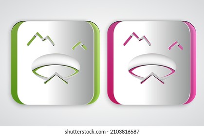Paper cut Winter fishing icon isolated on grey background. Round ice frame. Hole in ice. Paper art style. Vector