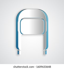 Paper cut Winter hat with ear flaps icon isolated on grey background. Paper art style. Vector Illustration
