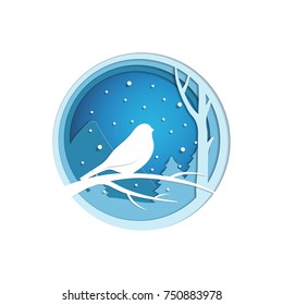 Paper cut winter landscape with bird sitting on a branch. Christmas origami concept. Vector illustration in modern papercut style.