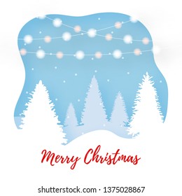 Paper cut winter outdoor scene. Merry Christmas text. 3d paper art illustration. Vector