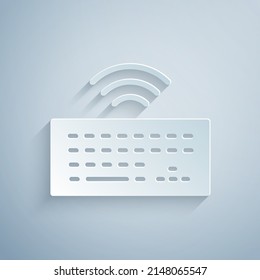 Paper cut Wireless computer keyboard icon isolated on grey background. PC component sign. Internet of things concept with wireless connection. Paper art style. Vector