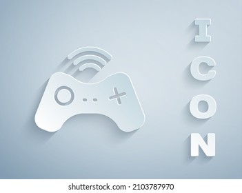 Paper cut Wireless gamepad icon isolated on grey background. Game controller. Paper art style. Vector