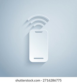 Icono de teléfono inteligente inalámbrico aislado sobre fondo gris. Estilo de arte de papel. Vector