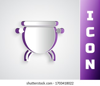 Paper cut Witch cauldron icon isolated on grey background. Happy Halloween party. Paper art style. Vector Illustration