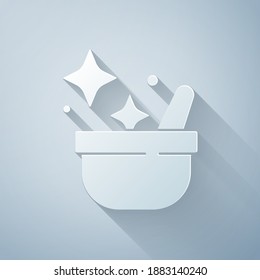 Paper cut Witch cauldron icon isolated on grey background. Happy Halloween party. Paper art style. Vector