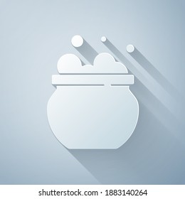 Paper cut Witch cauldron icon isolated on grey background. Happy Halloween party. Paper art style. Vector