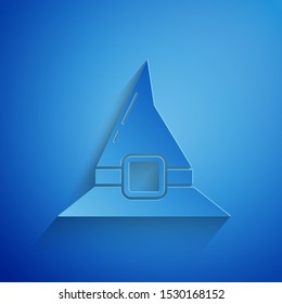 Paper cut Witch hat icon isolated on blue background. Happy Halloween party. Paper art style. Vector Illustration