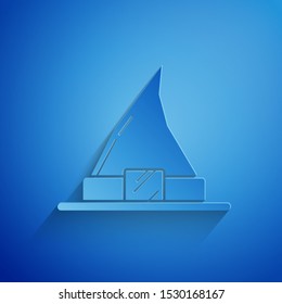 Paper cut Witch hat icon isolated on blue background. Happy Halloween party. Paper art style. Vector Illustration