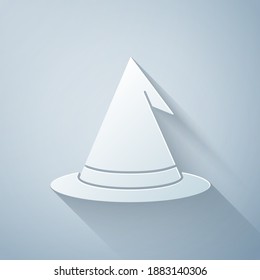 Paper cut Witch hat icon isolated on grey background. Happy Halloween party. Paper art style. Vector