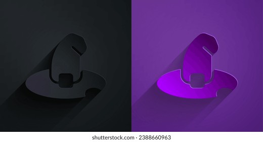 Paper cut Witch hat icon isolated on black on purple background. Happy Halloween party. Paper art style. Vector