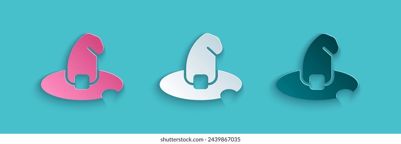 Paper cut Witch hat icon isolated on blue background. Happy Halloween party. Paper art style. Vector