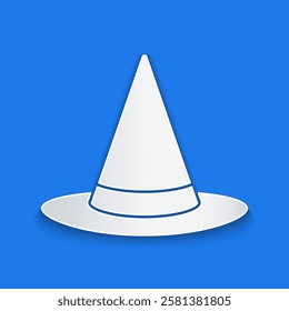 Paper cut Witch hat icon isolated on blue background. Happy Halloween party. Paper art style. Vector