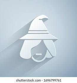 Paper cut Witch icon isolated on grey background. Happy Halloween party. Paper art style. Vector Illustration