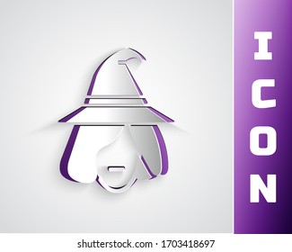 Paper cut Witch icon isolated on grey background. Happy Halloween party. Paper art style. Vector Illustration