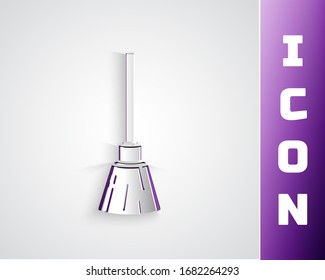Paper cut Witches broom icon isolated on grey background. Happy Halloween party. Paper art style. Vector Illustration