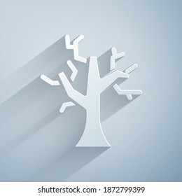 Paper cut Withered tree icon isolated on grey background. Bare tree. Dead tree silhouette. Paper art style. Vector