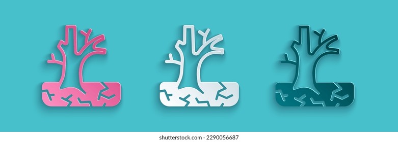 Recorte de papel Icono de árbol con aguja aislado en fondo azul. Árbol desnudo. Silhouette de árbol muerto. Estilo de arte de papel. Vector