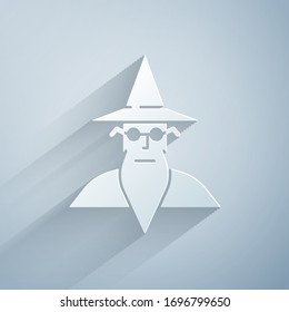 Paper cut Wizard warlock icon isolated on grey background. Paper art style. Vector Illustration