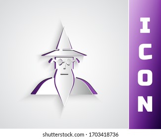 Paper cut Wizard warlock icon isolated on grey background. Paper art style. Vector Illustration