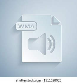 Paper cut WMA file document. Download wma button icon isolated on grey background. WMA file symbol. Wma music format sign. Paper art style. Vector Illustration
