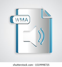 Paper cut WMA file document. Download wma button icon isolated on grey background. WMA file symbol. Wma music format sign. Paper art style. Vector Illustration