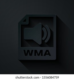 Paper cut WMA file document. Download wma button icon isolated on black background. WMA file symbol. Wma music format sign. Paper art style. Vector Illustration