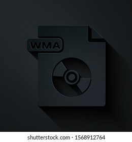 Paper cut WMA file document. Download wma button icon isolated on black background. WMA file symbol. Wma music format sign. Paper art style. Vector Illustration