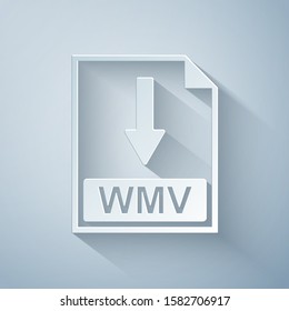 Paper cut WMV file document icon. Download WMV button icon isolated on grey background. Paper art style. Vector Illustration
