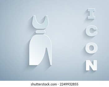 Paper cut Woman dress icon isolated on grey background. Clothes sign. Paper art style. Vector