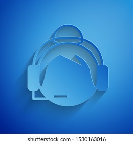 Paper cut Woman with a headset icon isolated on blue background. Support operator in touch. Concept for call center, client support service. Paper art style. Vector Illustration