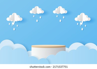 Paper Cut Of Wood Cylinder Podium For Products Display Presentation With Clouds, Raindrops And Lightning. Vector Illustration