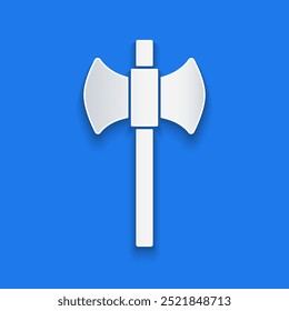 Icono de madera del hacha del corte de papel aislado en fondo azul. Hacha leñadora. Feliz Halloween. Estilo de arte de papel. Vector