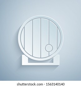 Paper cut Wooden barrel icon isolated on grey background. Alcohol barrel, drink container, wooden keg for beer, whiskey, wine. Paper art style. Vector Illustration