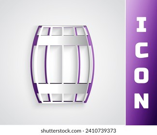 Paper cut Wooden barrel icon isolated on grey background. Alcohol barrel, drink container, wooden keg for beer, whiskey, wine. Paper art style. Vector