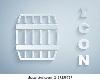 Paper cut Wooden barrel icon isolated on grey background. Alcohol barrel, drink container, wooden keg for beer, whiskey, wine. Paper art style. Vector