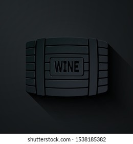 Paper cut Wooden barrel for wine icon isolated on black background. Paper art style. Vector Illustration