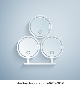 Paper cut Wooden barrels icon isolated on grey background. Alcohol barrel, drink container, wooden keg for beer, whiskey, wine. Paper art style. Vector Illustration