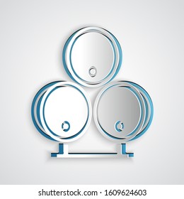 Paper cut Wooden barrels icon isolated on grey background. Alcohol barrel, drink container, wooden keg for beer, whiskey, wine. Paper art style. Vector Illustration