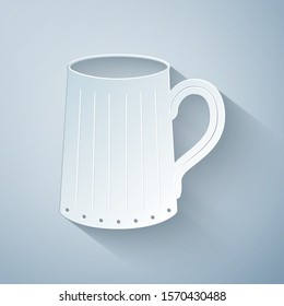 Paper cut Wooden beer mug icon isolated on grey background. Paper art style. Vector Illustration